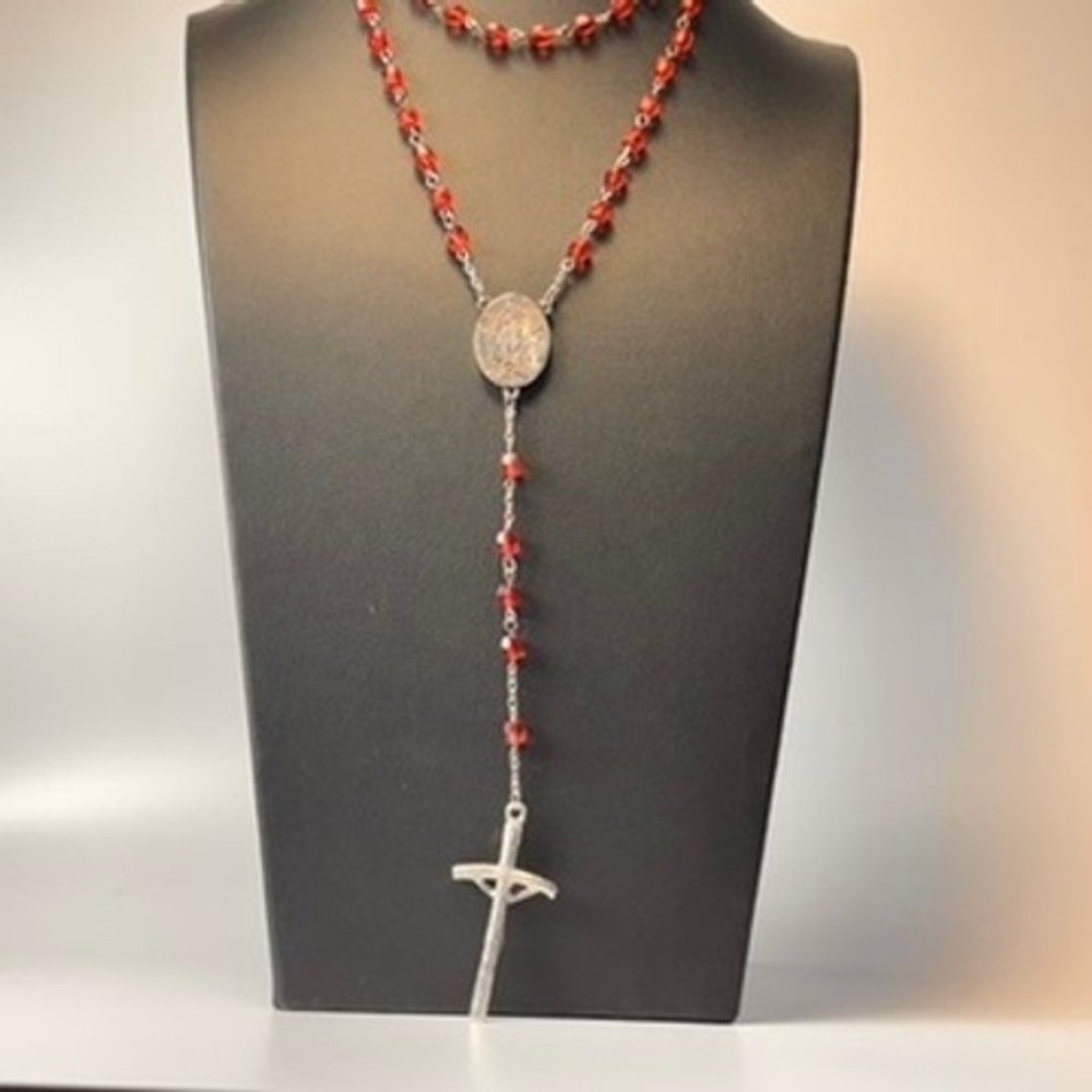 Vintage Rosary Necklace Red Crystal Beads Silver Tone Crucifix Religious Goth - Picture 7 of 7